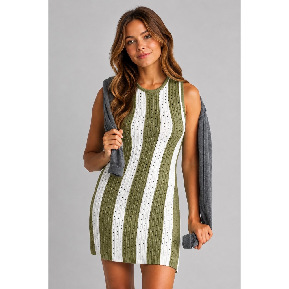ANTHROPOLOGIE DAILY PRACTICE New LARGE Knit Mini‎ Dress Sleeveless Green Striped